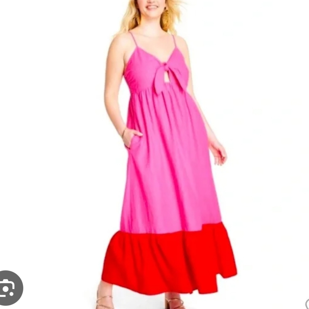 Tabitha Brown Target Sleeveless Maxi Dress Tie-Front Dress Pink Red Scandi Girl